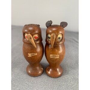 Vintage Wooden Owl Salt & Pepper Shakers 1960s Glass Eyes & Felt Ears - Japan